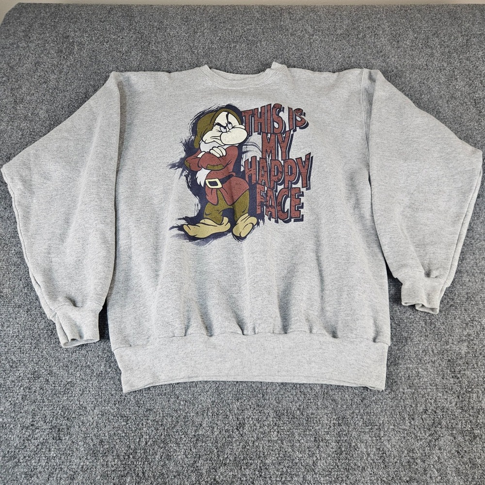 Disney Parks Grumpy Happy Face Sweatshirt Hanes Gray Crewneck Medium